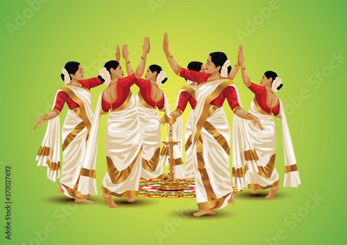 happy onam greetings.Thiruvathira,a traditional dance from Kerala. vector illustration