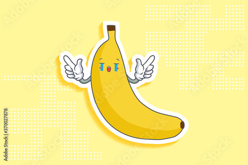CRYING, SAD, SOB, CRY Face Emotion. Double Forefinger Handgun Gesture. Banana Fruit Cartoon Drawing Mascot Illustration.