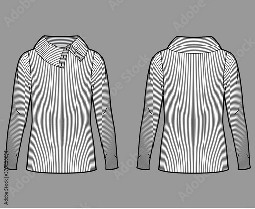 Wide button-up turtleneck ribbed-knit sweater technical fashion illustration with long sleeves, oversized tunic length. Flat sweater apparel template front back white color. Women men unisex shirt top