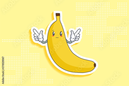 REALLY, ATTENTIVE, CURIOS Face Emotion. Double Forefinger Handgun Gesture. Banana Fruit Cartoon Drawing Mascot Illustration.