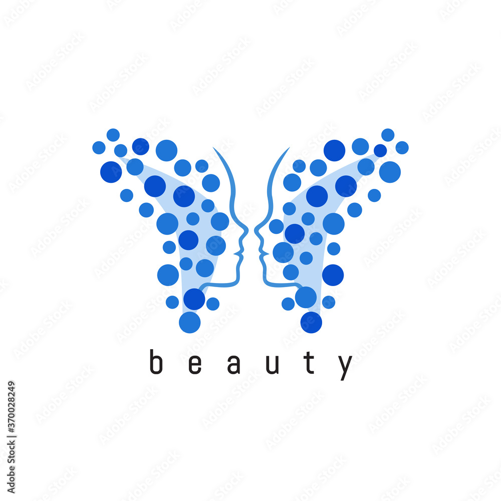 A woman's face in the form of butterfly wings. Abstract logo design for beauty salon, spa and aesthetics, wellness and therapy massages, cosmetics, yoga studio, plastic surgery. Vector illustration. A woman's face in the form of butterfly wings. Abstract logo design for beauty salon, spa and aesthetics, wellness and therapy massages, cosmetics, yoga studio, plastic surgery. Vector illustration.