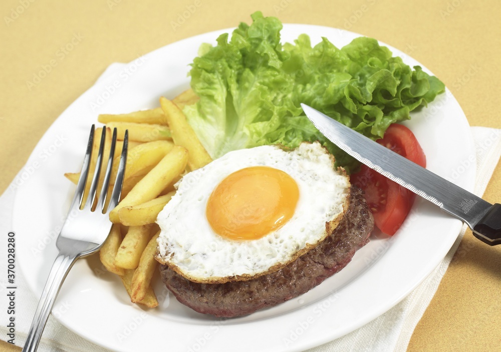 Steak with Egg, French Fries and Salad on Plate Steak with Egg, French Fries and Salad on Plate