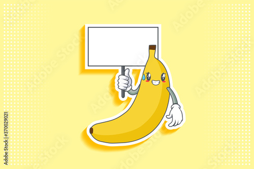 NERVOUS, PHEW, DISAPPOINTED, RELIEVED Face Emotion. Holding Whiteboard Handgun Gesture. Banana Fruit Cartoon Drawing Mascot Illustration. photo