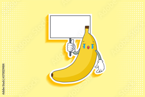CRYING, SAD, SOB, CRY Face Emotion. Holding Whiteboard Handgun Gesture. Banana Fruit Cartoon Drawing Mascot Illustration.
