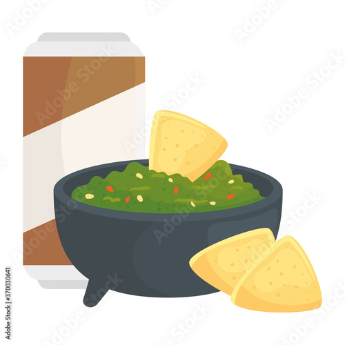 guacamole with nachos and beer in can, on white background vector illustration design