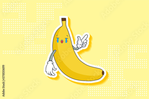 CRYING, SAD, SOB, CRY Face Emotion. Forefinger Handgun Gesture. Banana Fruit Cartoon Drawing Mascot Illustration.