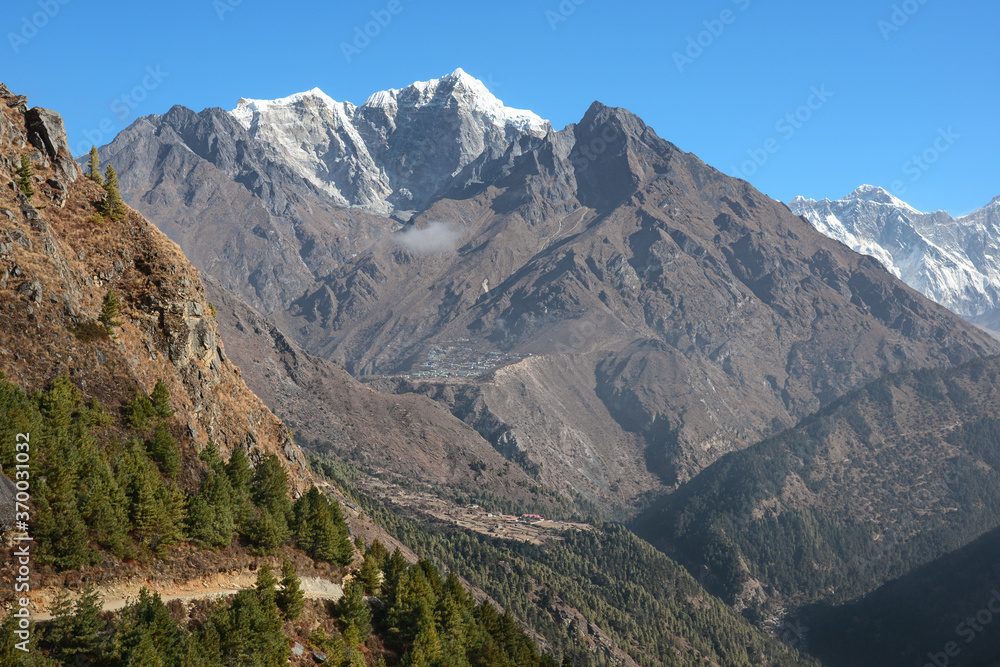 The south face of Taboche overlooking Phortse village and the entrance to the Imja Khola valley.