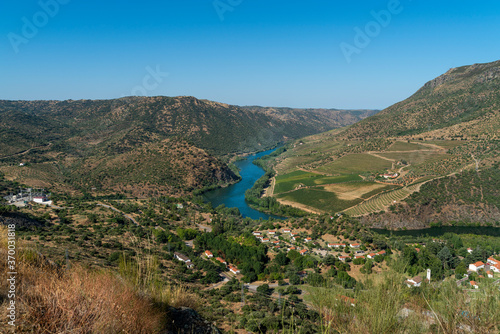 Aldeaduero at the viewpoint of Salto de Saucelle with the Duero River among the mountains running through the valley, Spain photo