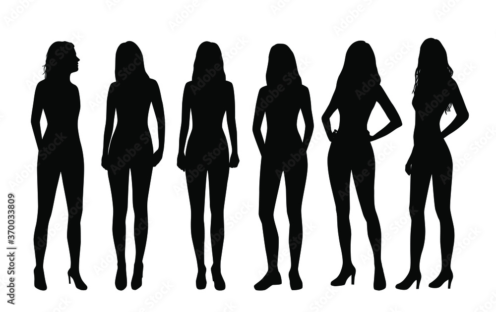 Silhouettes of a women standing in different poses, business people,vector illustration, black color, isolated on white background Silhouettes of a women standing in different poses, business people,vector illustration, black color, isolated on white background