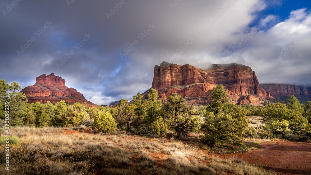 Red Rock Mountains named Bell Rock, on the left, and Courthouse Butte, on the right, near the city of Sedona in Northern Arizona in Coconino National Forest, United States