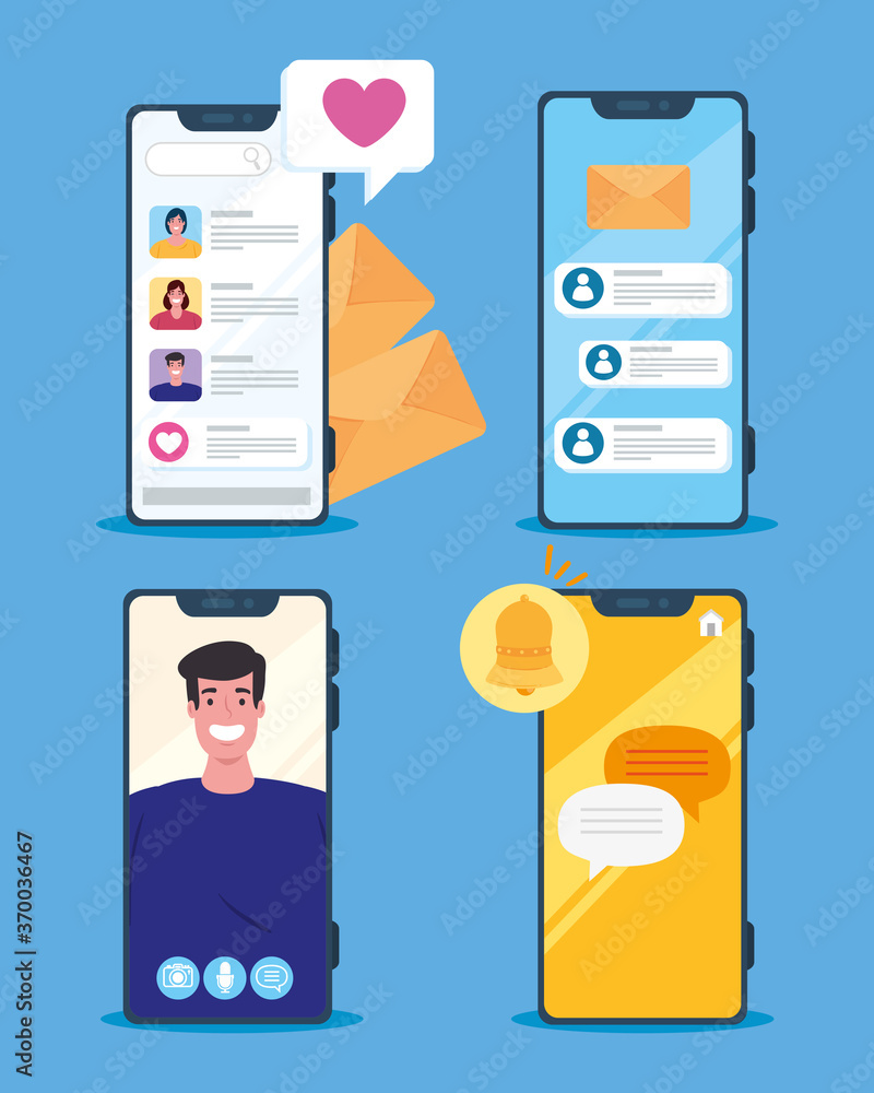 set scenes of online chat in smartphones of young people, social media concept vector illustration design set scenes of online chat in smartphones of young people, social media concept vector illustration design
