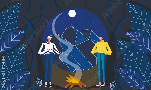 Explorers standing in cave in front of bonfire, mountains,starry night sky behind them.Trendy cartoon flat illustration concept of journey,exploration,discovery,hiking,adventure,tourism,travel,trip