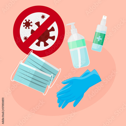 A set of disinfectants to protect against coronavirus. latex gloves. antiseptic. soap. medical mask