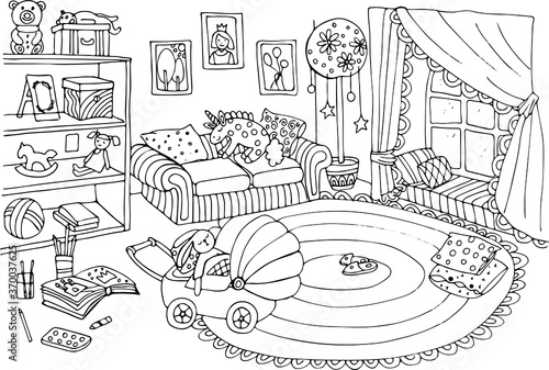  coloring book with the interior of a child's room of a girl with a stroller and toys, a sofa. shelves with toys, contour drawing by hand, liner, pages for coloring