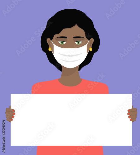 Black woman holds a empty banner, beautiful lady wers a facemask protection from covid-19 sign cartoon vector illustration