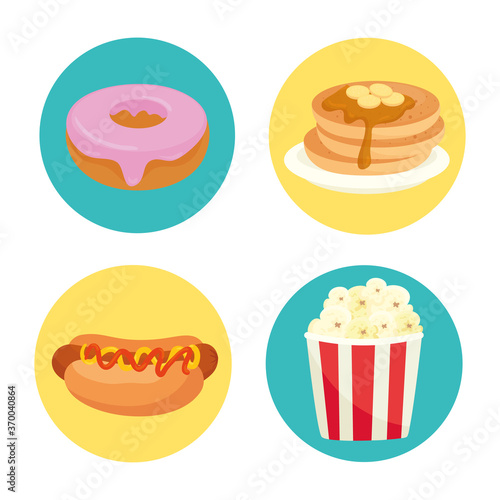 delicious fast food in circle frames on white background vector illustration design