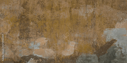 Distressed yellow brown or ochre old concrete wall with shabby paint. Old plastered loft wall  long web banner.