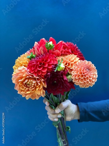 Red and Orange Dahlia Bouquet
