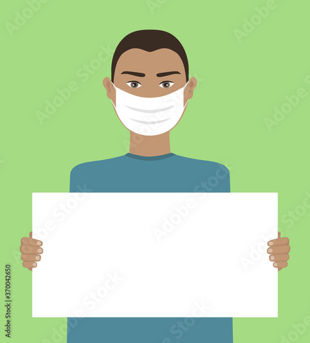Teen boy wears face mask and holds a blank sign crtoon character vector illustration