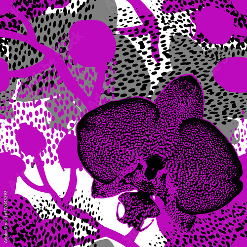 Exotic motley silhouettes of spotted orchid flowers in purple halftones on textured background. Ornate hand drawn trendy vector seamless pattern for textile, fabric, wallpaper, home decor.