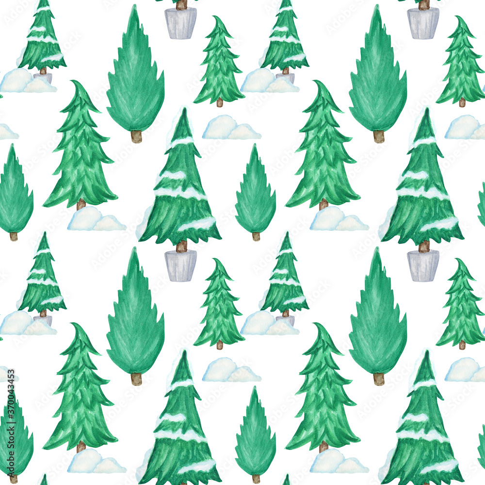 New Year Christmas tree watercolor Seamless pattern on white background. Hand drawn Illustration for vintage card, scrapbook paper, fabric design texture. Watercolor Winter nature illustration