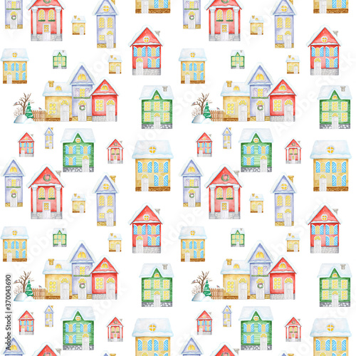 Watercolor Christmas winter houses Seamless pattern. Kids cartoon House with wooden door, luminous windows, snow on the roof. Bright colors background for Card, scrapbook paper, fabric design texture