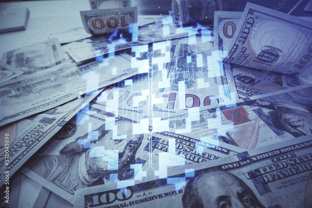 Double exposure of data theme drawing over us dollars bill background. Technology concept. Double exposure of data theme drawing over us dollars bill background. Technology concept.