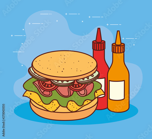delicious sandwich with bottled sauces vector illustration design