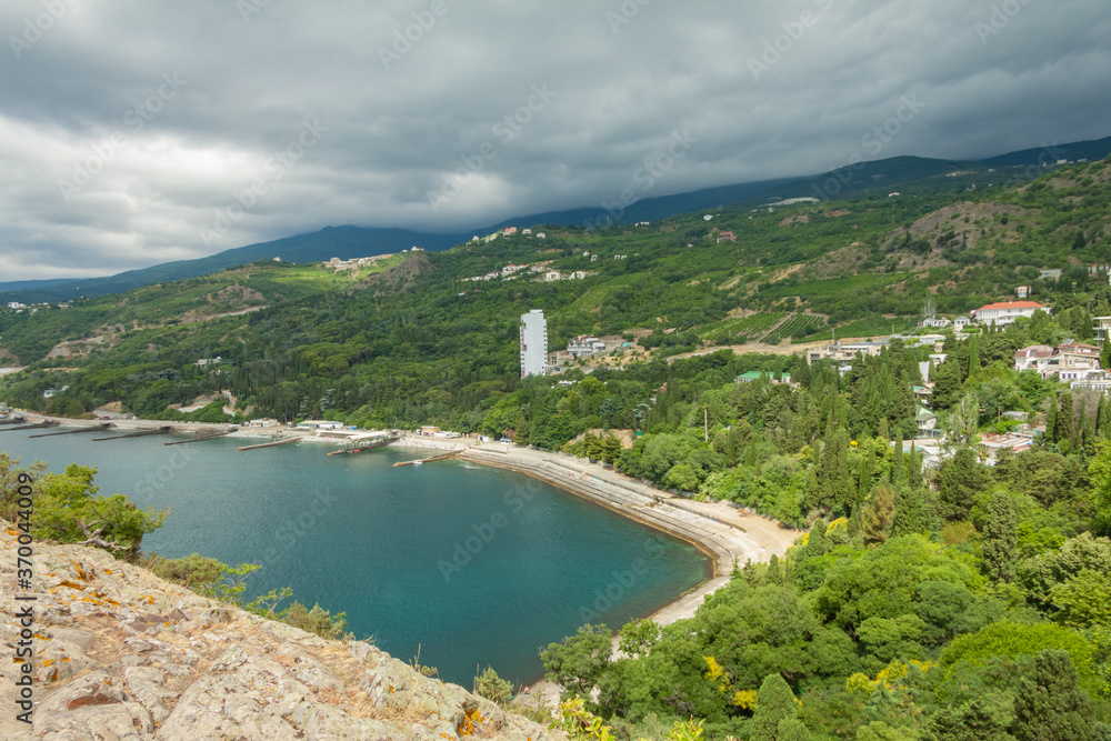 South coast of Crimea, view of the bay, sea, park and mountains, cape Plaka