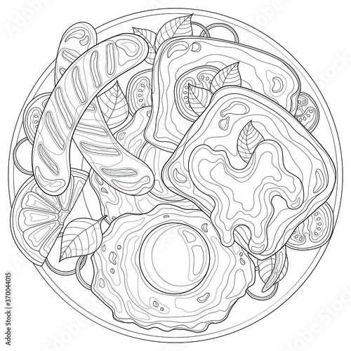 Breakfast. 
Food.Fried eggs, toast and sausages.Coloring book antistress for children and adults. Zen-tangle style.