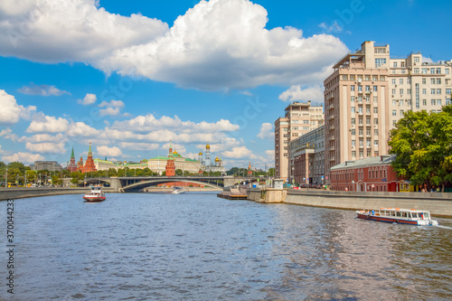 View on the Moscow river, Prechistenskaya and Bersenevskaya embankments, "The house on the embankment" and Kremlin, summer urban cityscape