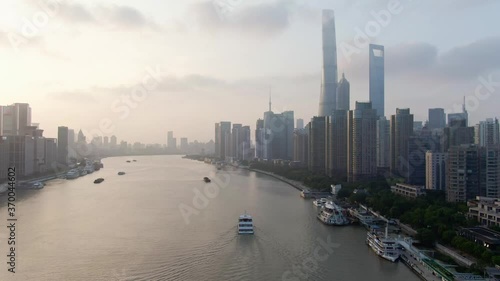 Aerial view of skyscrapers in Shanghai China. Drone shot footage 4k(UHD). photo