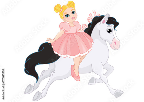 Cute little princess riding on a white horse