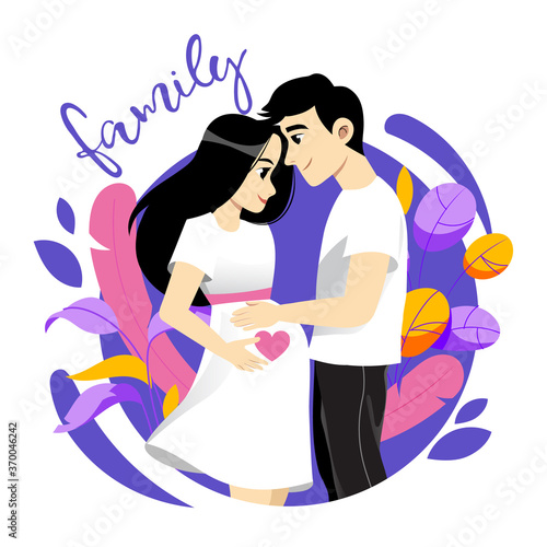 Happy Smiling Adult Couple Of Male And Pregnant Female Characters. Man Holds Expactant Woman. Colorful Vector Illustration In Cartoon Style. Good Family And Relationship Concept On White Background photo