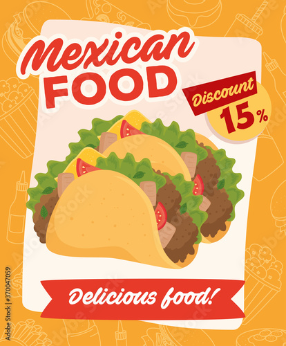 poster of mexican food  with fifteen percent off vector illustration design