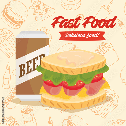 fast food poster  sandwich with beer in can vector illustration design