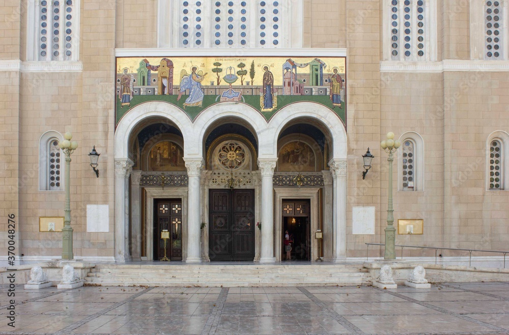 detail of the main entrance of the Annunciation cathedral of Athens