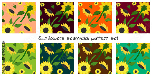 Summer flower pattern set. Eight sunflower seamless pattern swatches with different background. Cute repeated backgrounds for prints, fabric, wallpaper, textile, wrapping paper.