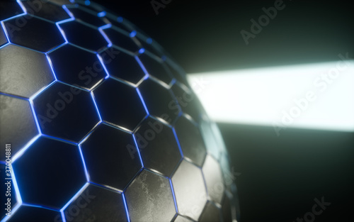 Metallic Hexagon Sphere, Blue Glowing Lights, Futuristic Advanced Technology Background, User Interface Background, 3d Rendering