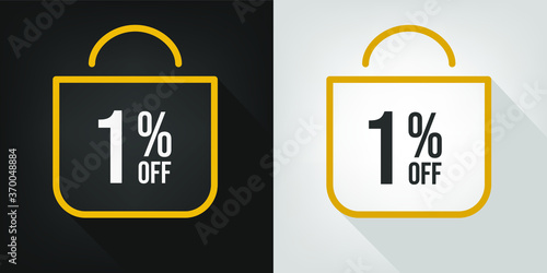 1% off. Black, white and yellow banner with one percent discount. Shopping bag concept vector.