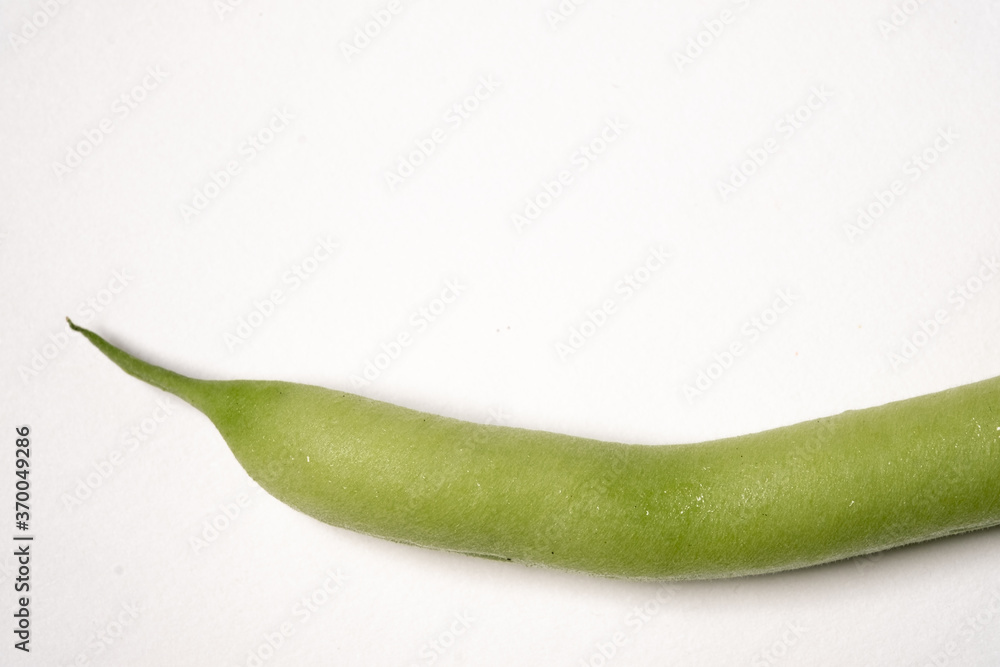 Single green bean freshly picked from the garden isolated on a white background Single green bean freshly picked from the garden isolated on a white background