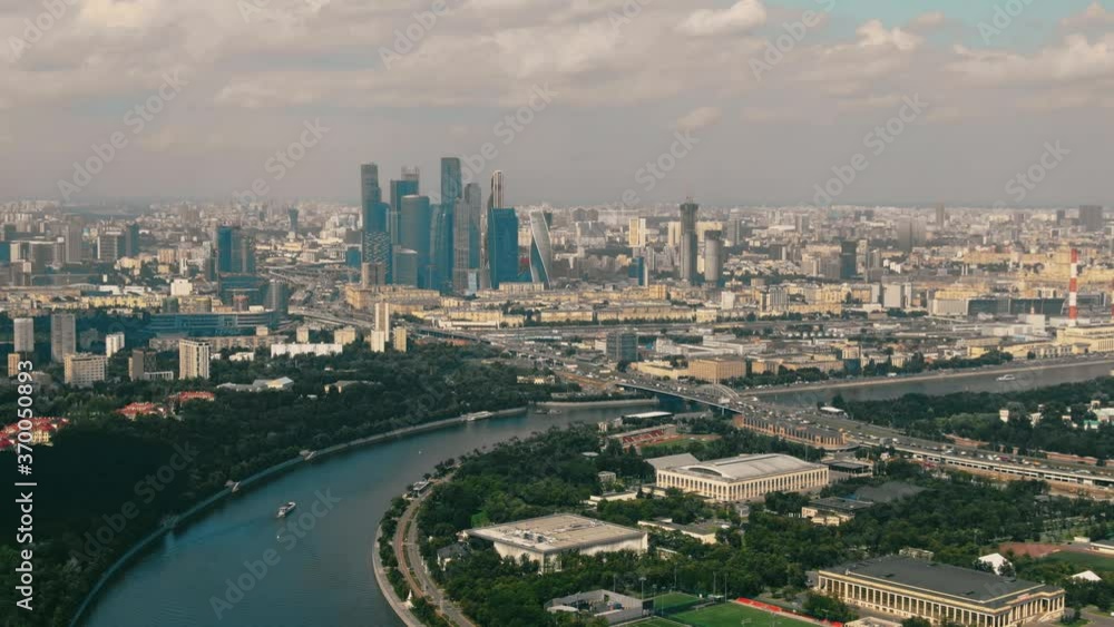 Aerial view of the skyline of Moscow involving the Moskva River, Russia Aerial view of the skyline of Moscow involving the Moskva River, Russia