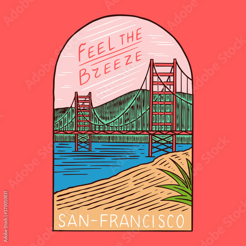 Retro Summer San Francisco. Surf badge, Vintage Surfer logo. Engraved emblem hand drawn. Banner or poster.