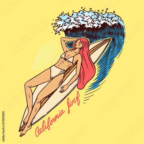 Surf badge. The girl lies on the surf wave. Vintage logo. Retro Summer Surfboard and sea. Engraved emblem hand drawn. Banner or poster.