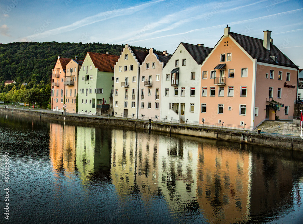 A group of colorful  apartment buildings along the Danube River near Nuremberg Germany