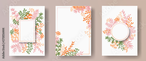 Wild herb twigs, tree branches, flowers floral invitation cards collection. Bouquet wreath retro invitation cards with dandelion flowers, fern, lichen, olive branches, savory twigs.