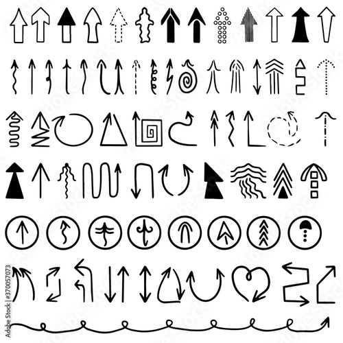 Set hand drawn of useful arrows. Vector illustration on white background. Icon set in black and white. Collection of concept for web design mobile apps, interface.