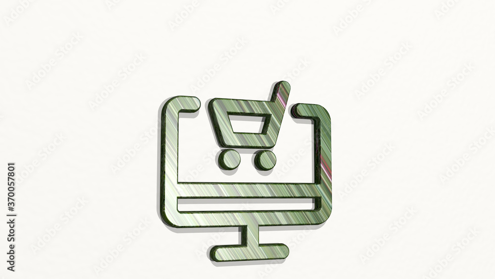 e commerce cart monitor from a perspective on the wall. A thick sculpture made of metallic materials of 3D rendering. illustration and background e commerce cart monitor from a perspective on the wall. A thick sculpture made of metallic materials of 3D rendering. illustration and background