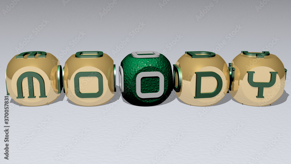 MOODY combined by dice letters and color crossing for the related meanings of the concept. background and dark MOODY combined by dice letters and color crossing for the related meanings of the concept. background and dark