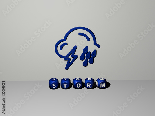 3D illustration of STORM graphics and text made by metallic dice letters for the related meanings of the concept and presentations. background and clouds
